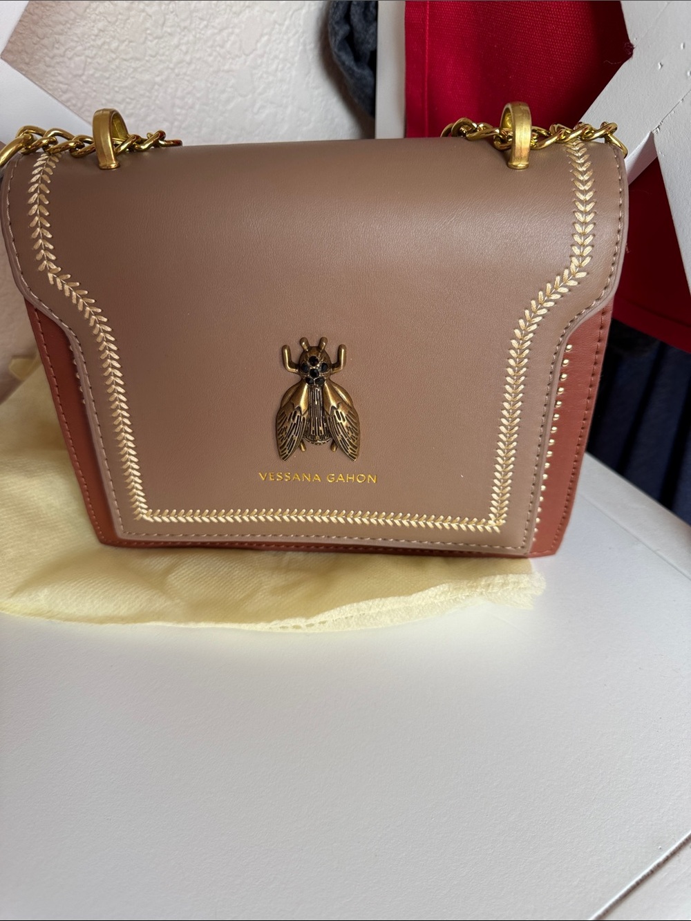 Dusty Caramel Leatherette  Crossbody Bag with Gold Bee Accent. NWOT